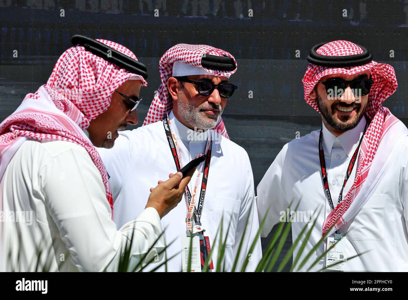 Jeddah, Saudi Arabia. 17th Mar, 2023. (L to R): Sheikh Salman bin Isa Al-Khalifa (BRN) Chief Executive of Bahrain International Circuit with Prince Khalid Bin Sultan Al Faisal (KSA) President of the Saudi Automobile and Motorcycle Federation and Prince Abdul Aziz bin Turki Al-Faisal (KSA) Saudi Sports Minister. Formula 1 World Championship, Rd 2, Saudi Arabian Grand Prix, Friday 17th March 2023. Jeddah, Saudi Arabia. Credit: James Moy/Alamy Live News Stock Photo