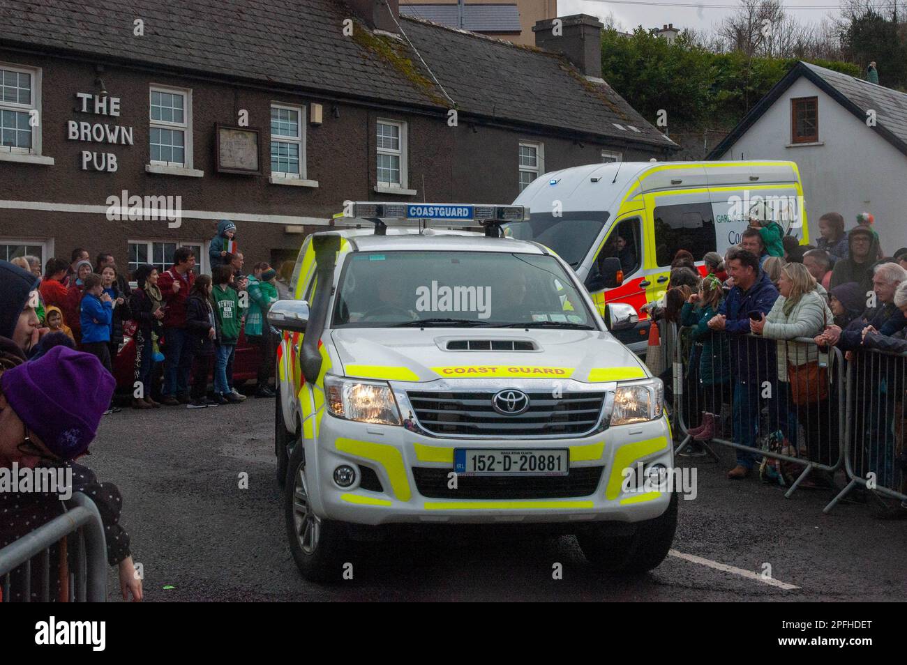 Friday 17 Mar 2023 Kealkil West Cork, Ireland; Kealkil held it’s St. Patrick’s Day parade today. More than 20 floats from local schools, clubs and businesses took part with Local Man, Matt O’Sullivan as Grand Marshall. This is the 1st parade to take place since the covid 19 pandemic. More than 200  people turned out to watch the parade which was MC’d by Connie O'Sullivan. Irish Coast Guard Personell from Goleen Unit took Part in the Parade. Credit ED/Alamy Live News. Stock Photo