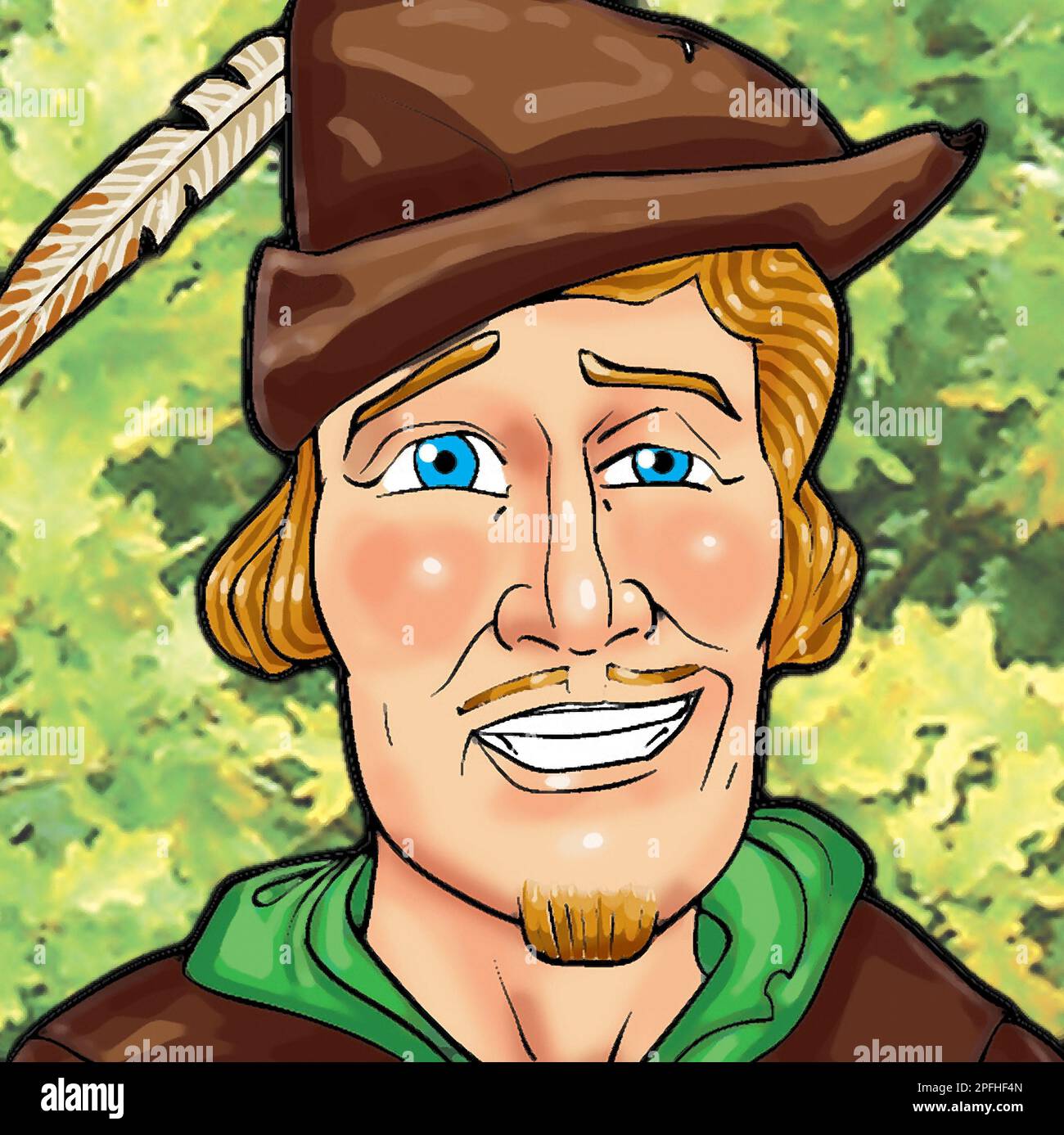 Head and shoulders art illustration portrait of the English outlaw, archer and swordsman Robin Hood, known from folklore, legend, literature, film, TV Stock Photo