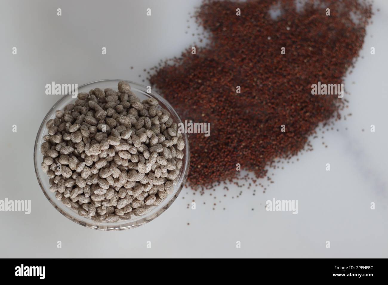 Puffed and roasted finger millet in a bowl. Finger millet is also known