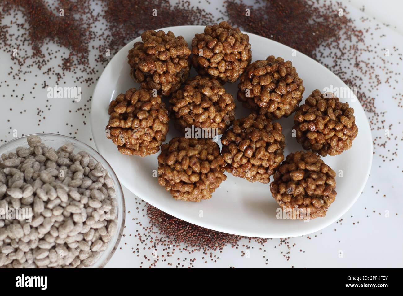 Puffed finger millet sweet ball or Ragi kurmura ladu. Sweet balls made