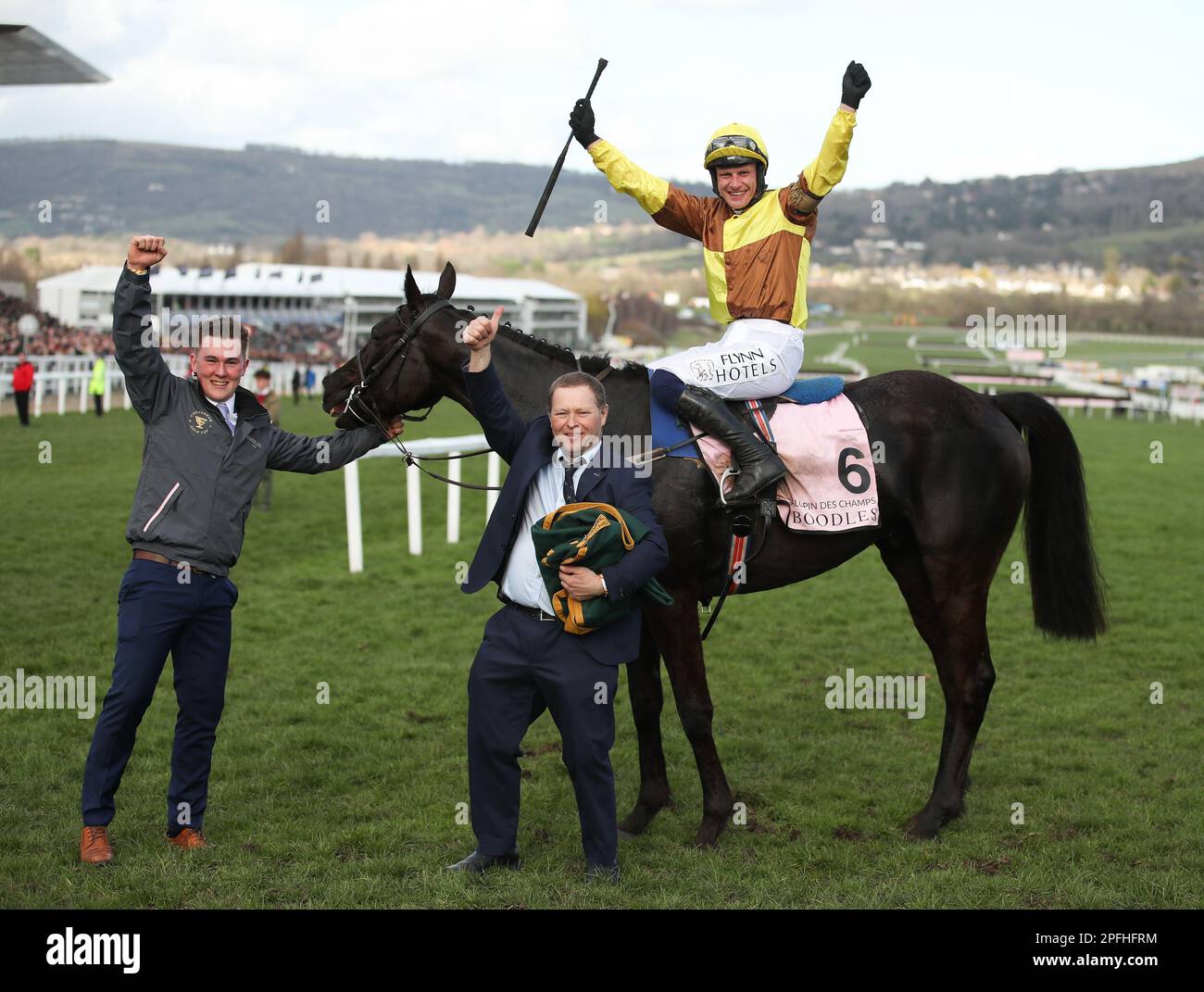 Jockey Paul Townend and connections celebrate as Galopin Des Champs J: Paul Townend T: Willie Mullins wins the Cheltenham Gold Cup during Day 4 of the Cheltenham Festival at Prestbury Park, Cheltenham, UK on 14 March 2023. Photo by Ken Sparks. Editorial use only, license required for commercial use. No use in betting, games or a single club/league/player publications. Credit: UK Sports Pics Ltd/Alamy Live News Stock Photo