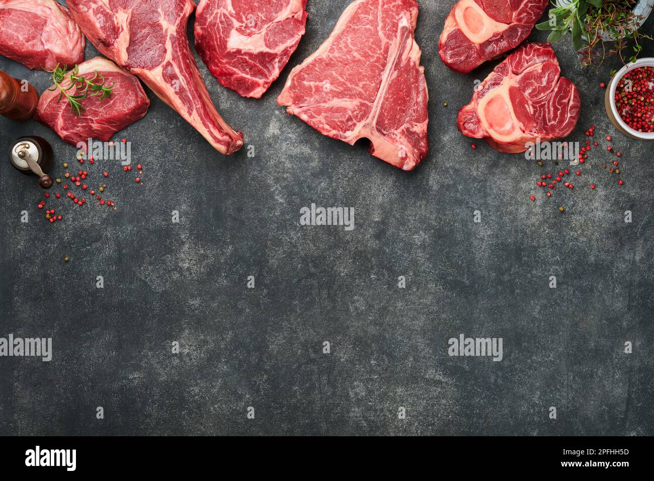 Raw prime steaks. Variety of fresh black angus prime meat steaks Tbone