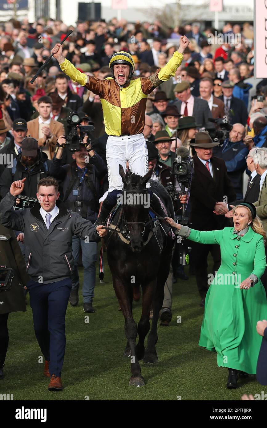 Jockey Paul Townend and connections celebrate as Galopin Des Champs J: Paul Townend T: Willie Mullins wins the Cheltenham Gold Cup during Day 4 of the Cheltenham Festival at Prestbury Park, Cheltenham, UK on 14 March 2023. Photo by Ken Sparks. Editorial use only, license required for commercial use. No use in betting, games or a single club/league/player publications. Credit: UK Sports Pics Ltd/Alamy Live News Stock Photo