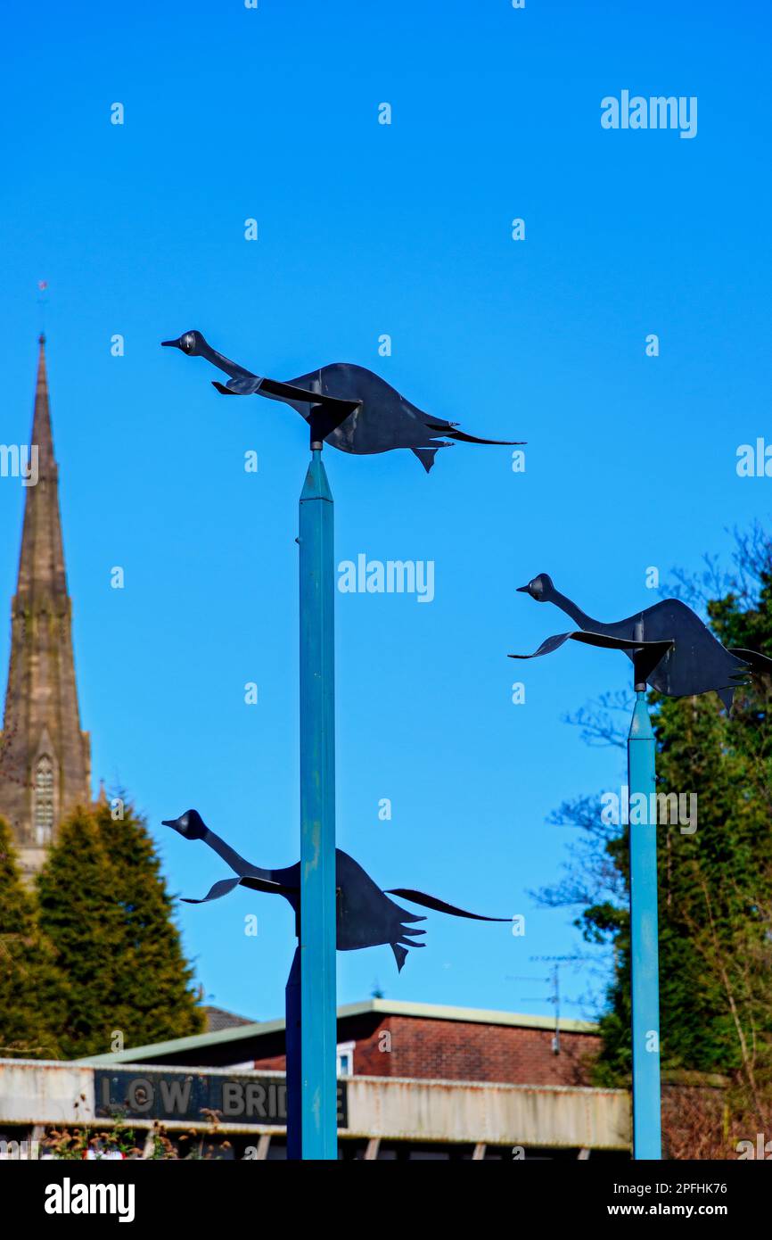 Flying Geese Wind Vanes, a sculpture by Paul Margetts.  By the Ashton canal. Ashton-under-Lyne, Tameside, Manchester, England, UK Stock Photo