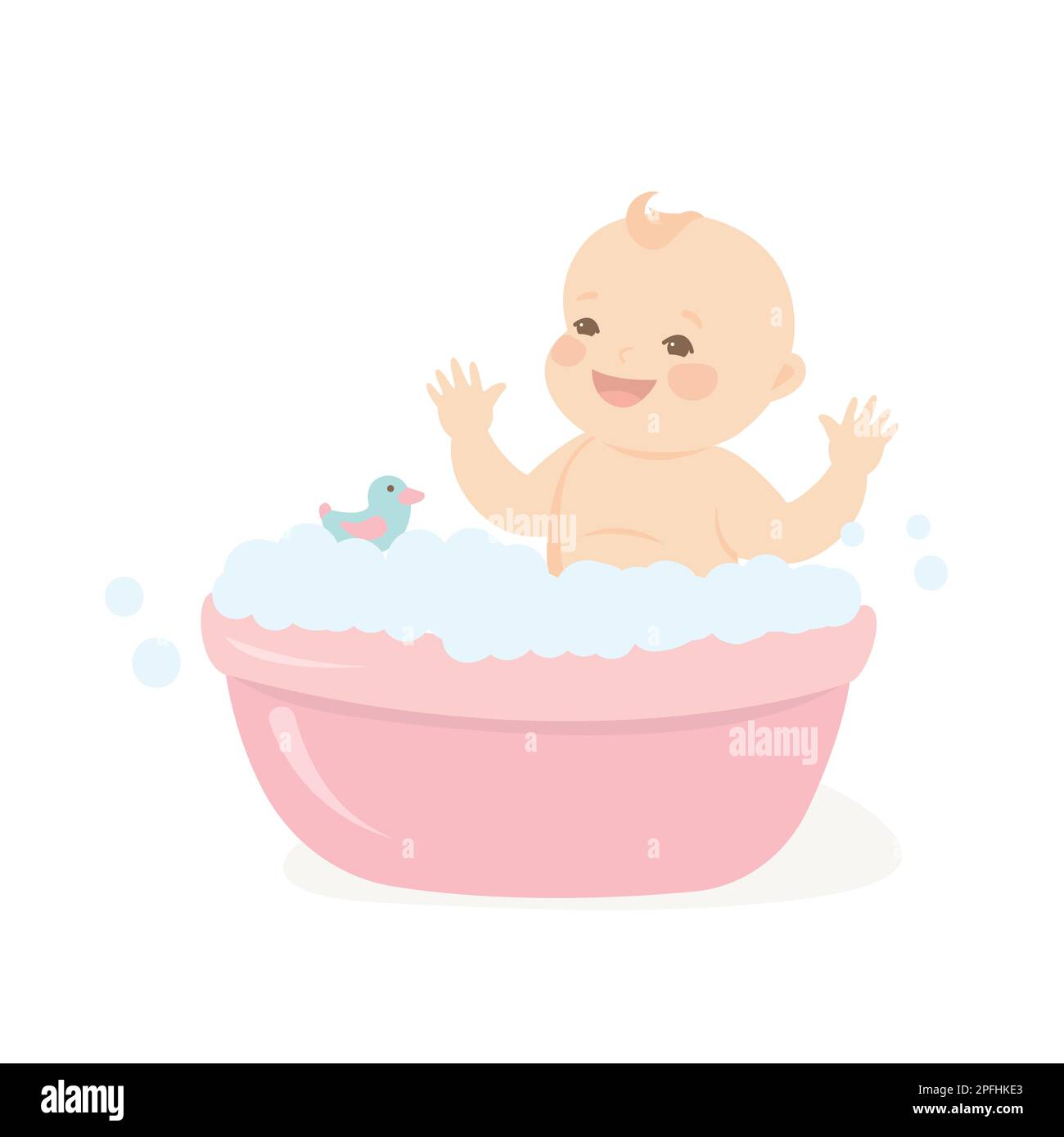 Happy baby taking a bath playing with foam bubbles.Infant baby bath