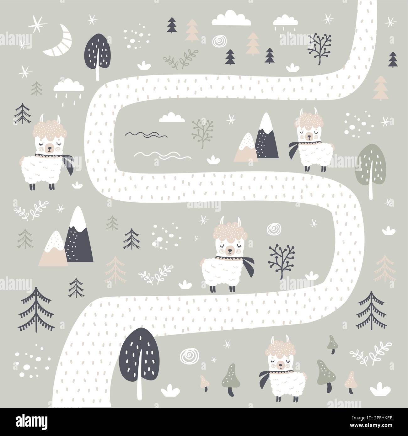 Cute hand drawn background in scandinavian style. Road in forest and funny doodle llamas and plants. Adorable alpacas. Vector illustration. Stock Vector