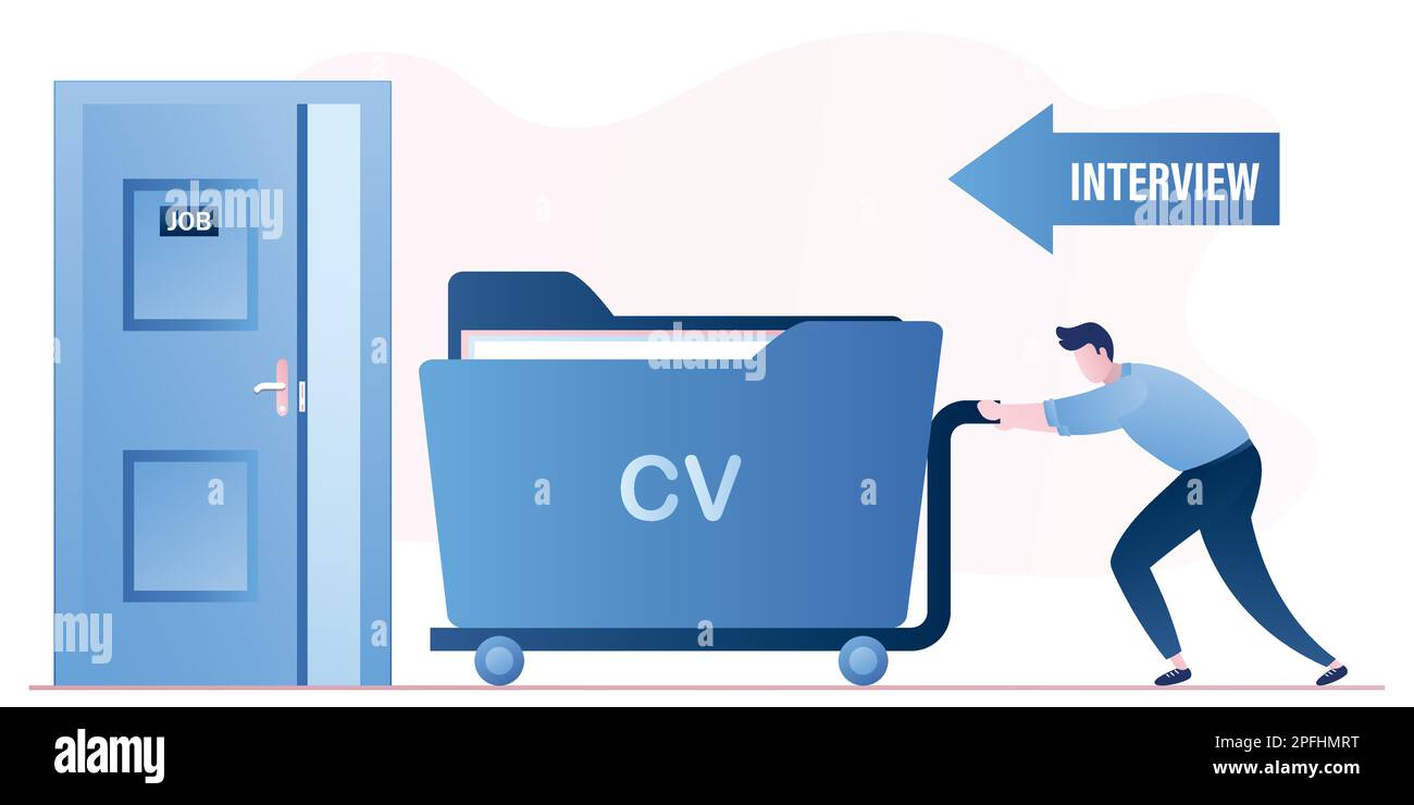 Open door in interview room. Man candidate push cart with cv