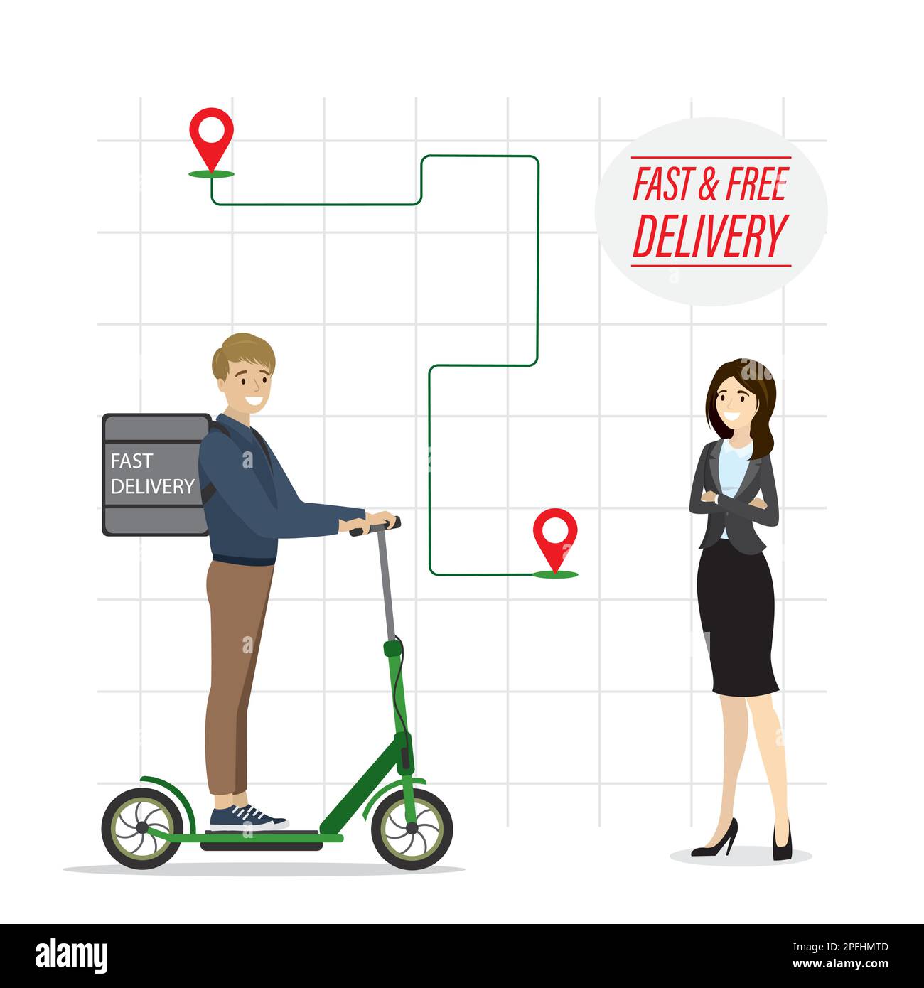 Cartoon caucasian delivery man riding on electric scooter. Handsome courier male character and woman client waiting order. Urban navigation and fast a Stock Vector