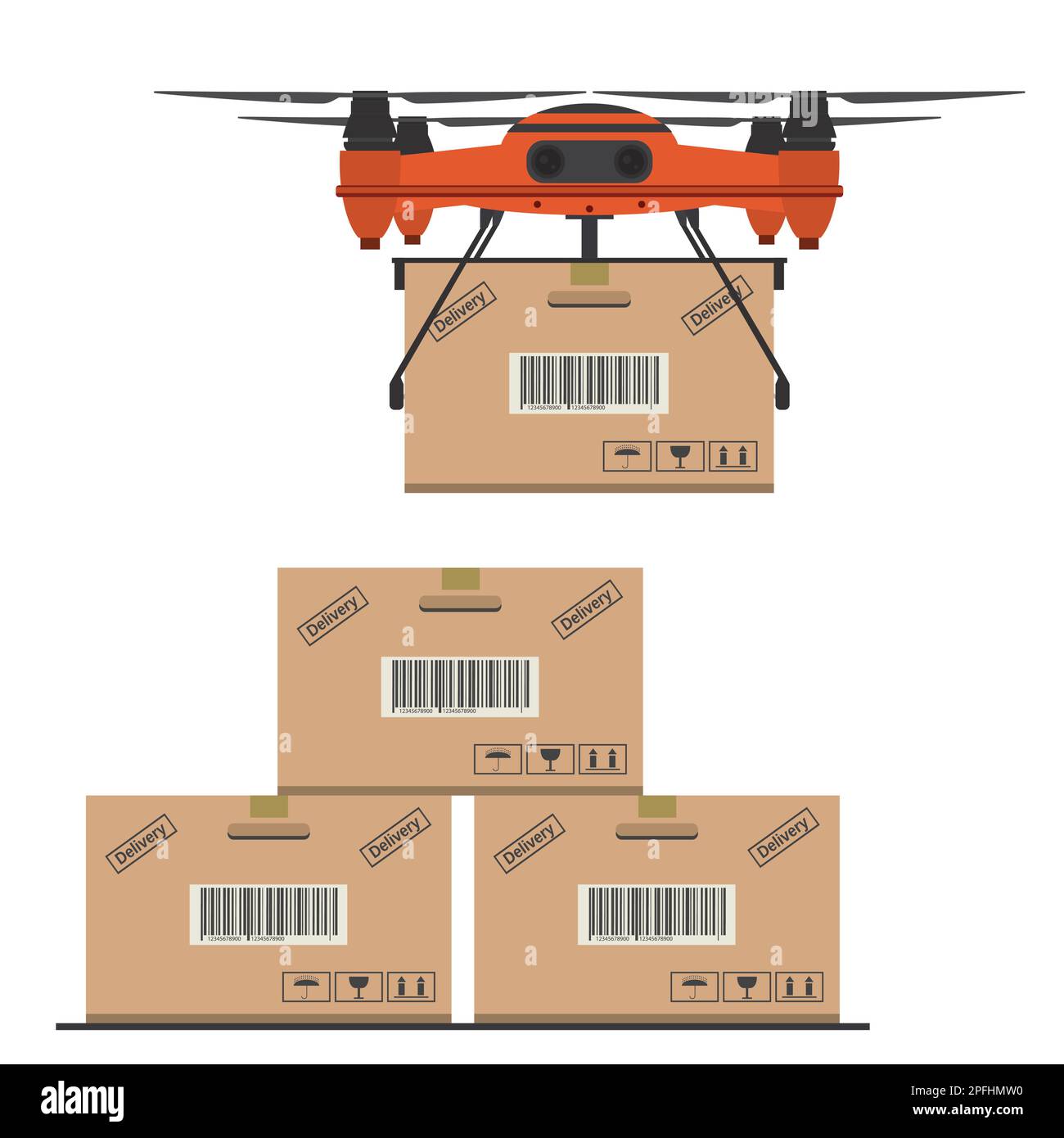 Drone delivery with box and pile of parcel boxes. Cartoon Quadcopter