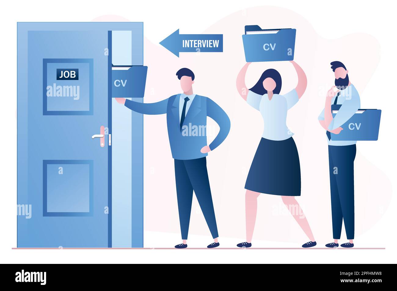 Open door in interview room. Businesspeople with cv resume