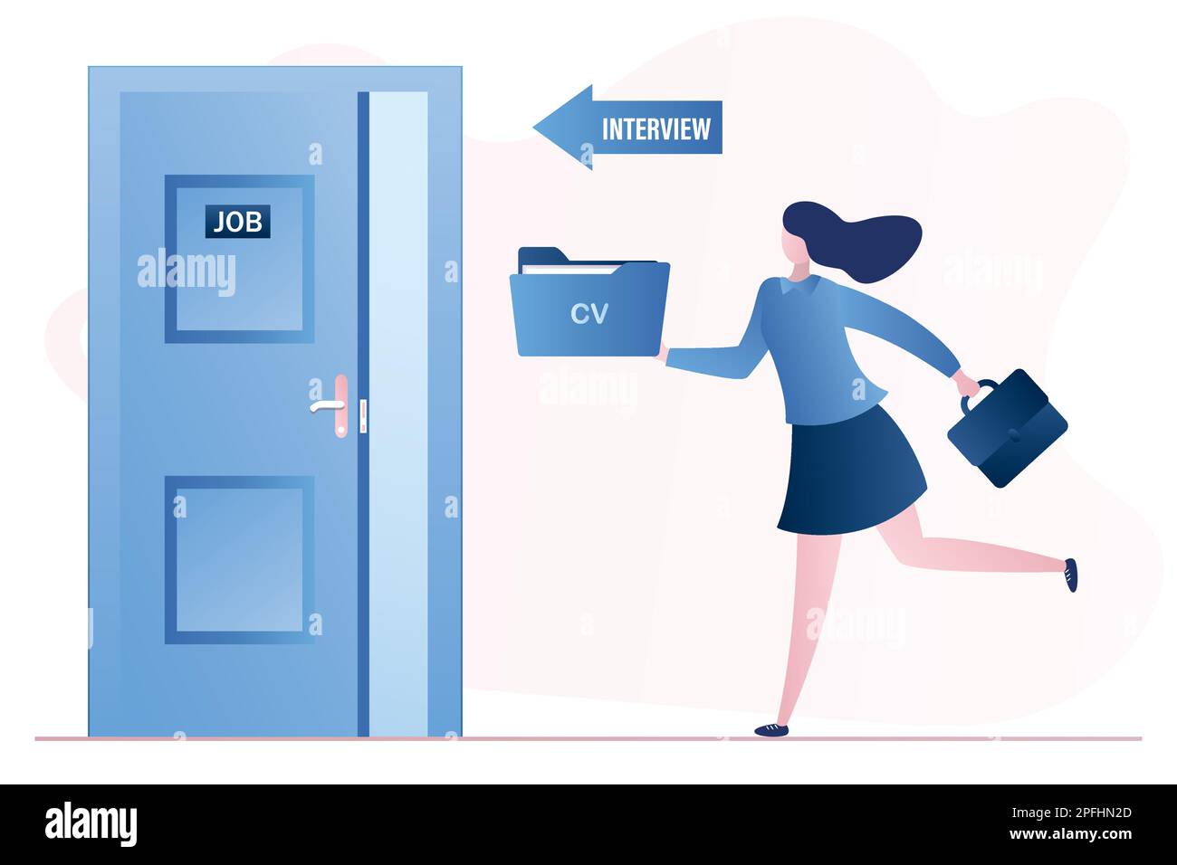 Open door in interview room. Woman candidate with cv resume