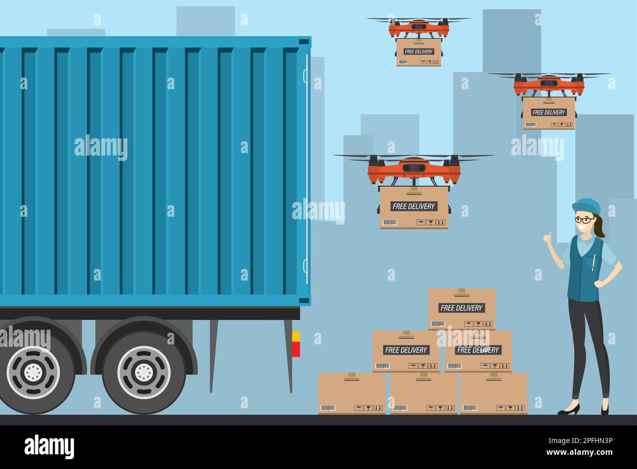 Drone delivery with parcel boxes. Cartoon caucasian female warehouse worker, quadcopter with cargo and part of big container truck. Free and fast deli Stock Vector