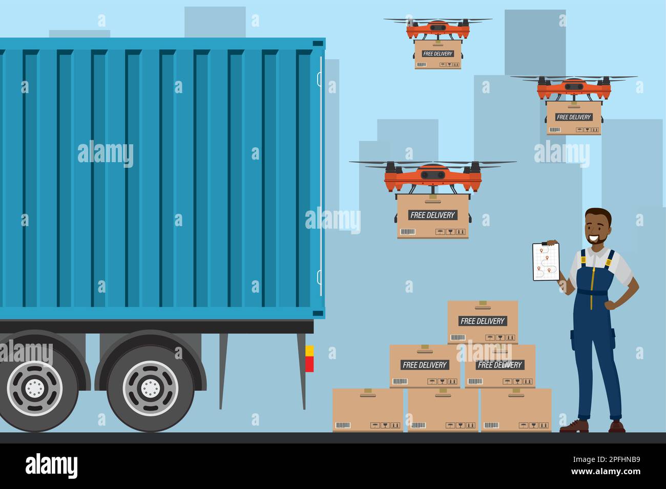 Drone delivery with parcel boxes. Cartoon african american warehouse worker, quadcopter with cargo and part of big container truck. Free and fast deli Stock Vector