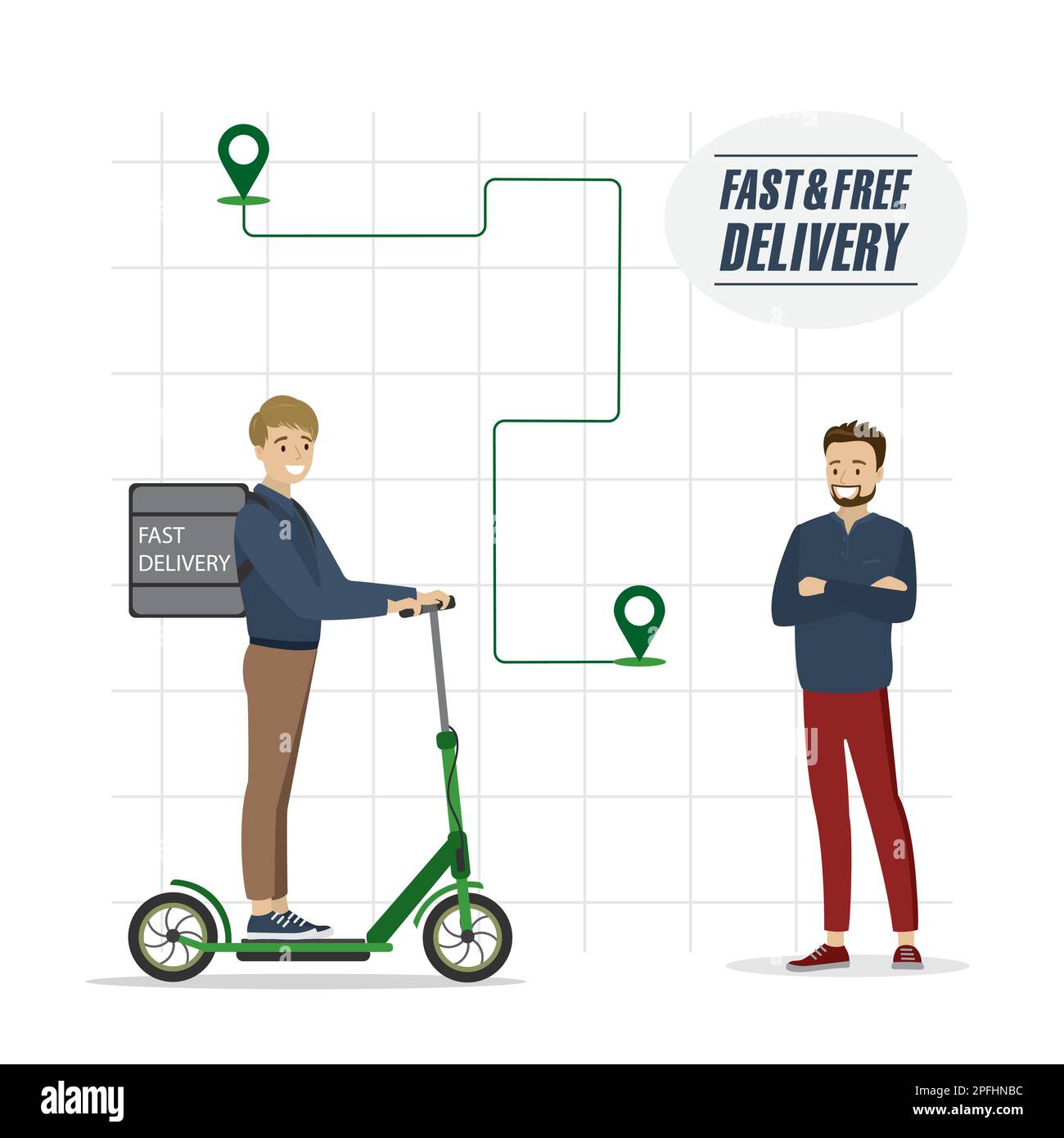 Cartoon caucasian delivery man riding on electric scooter. Handsome courier male character and casual man client waiting order. Urban navigation and f Stock Vector