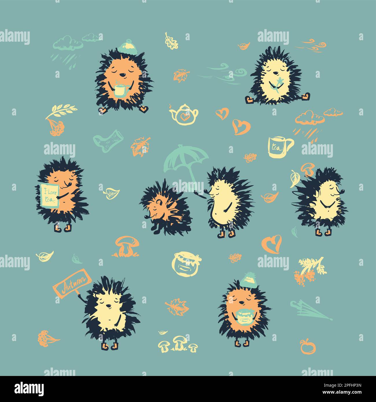 Set of cute hedgehog.Wild forest animals in  hand drawn style.Vector illustration Stock Vector