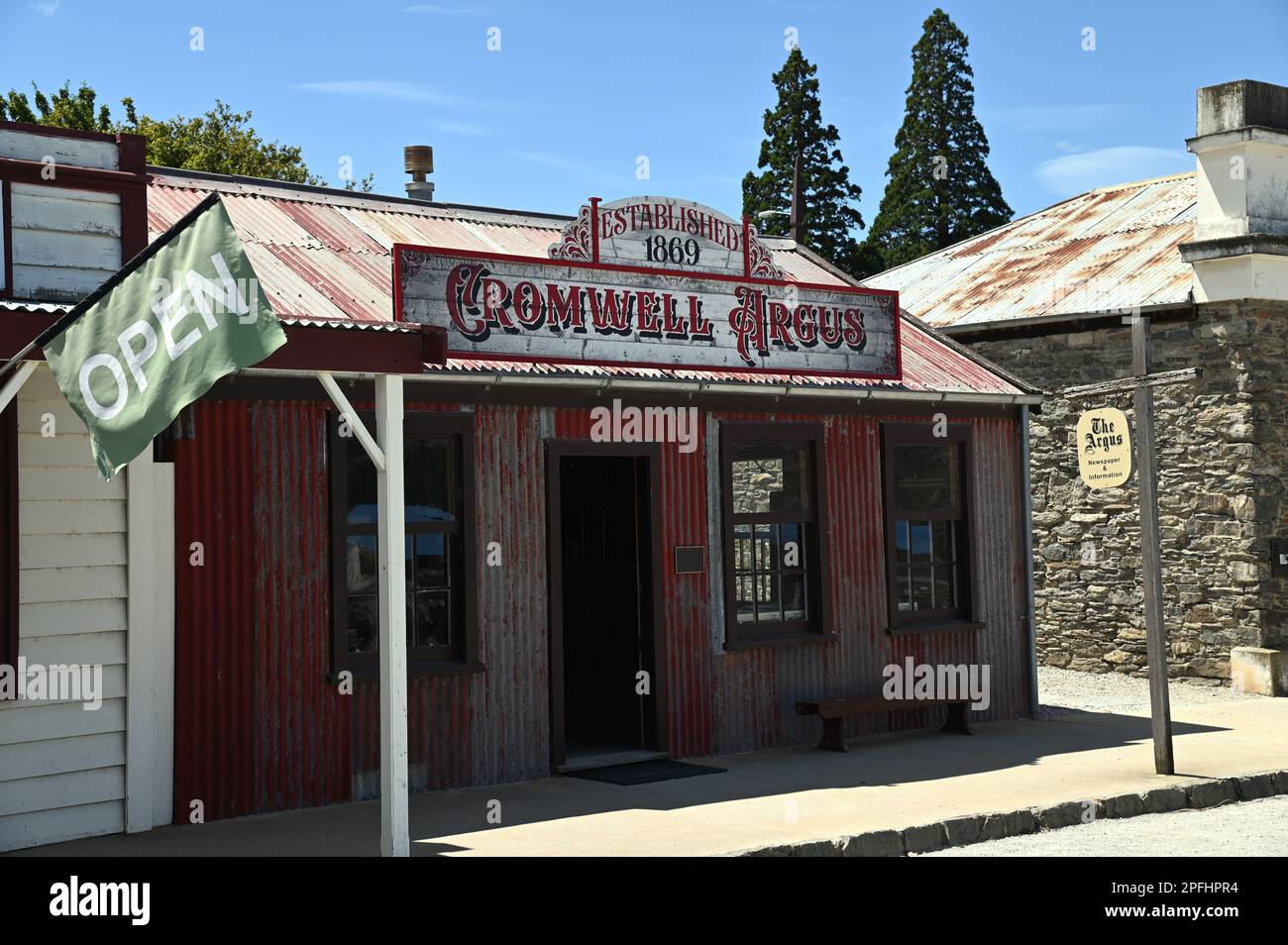 The original Cromwell Argus newspaper office, an exhibit in the Cromwell Heritage Precinct. It was published in the late 1860s. Stock Photo