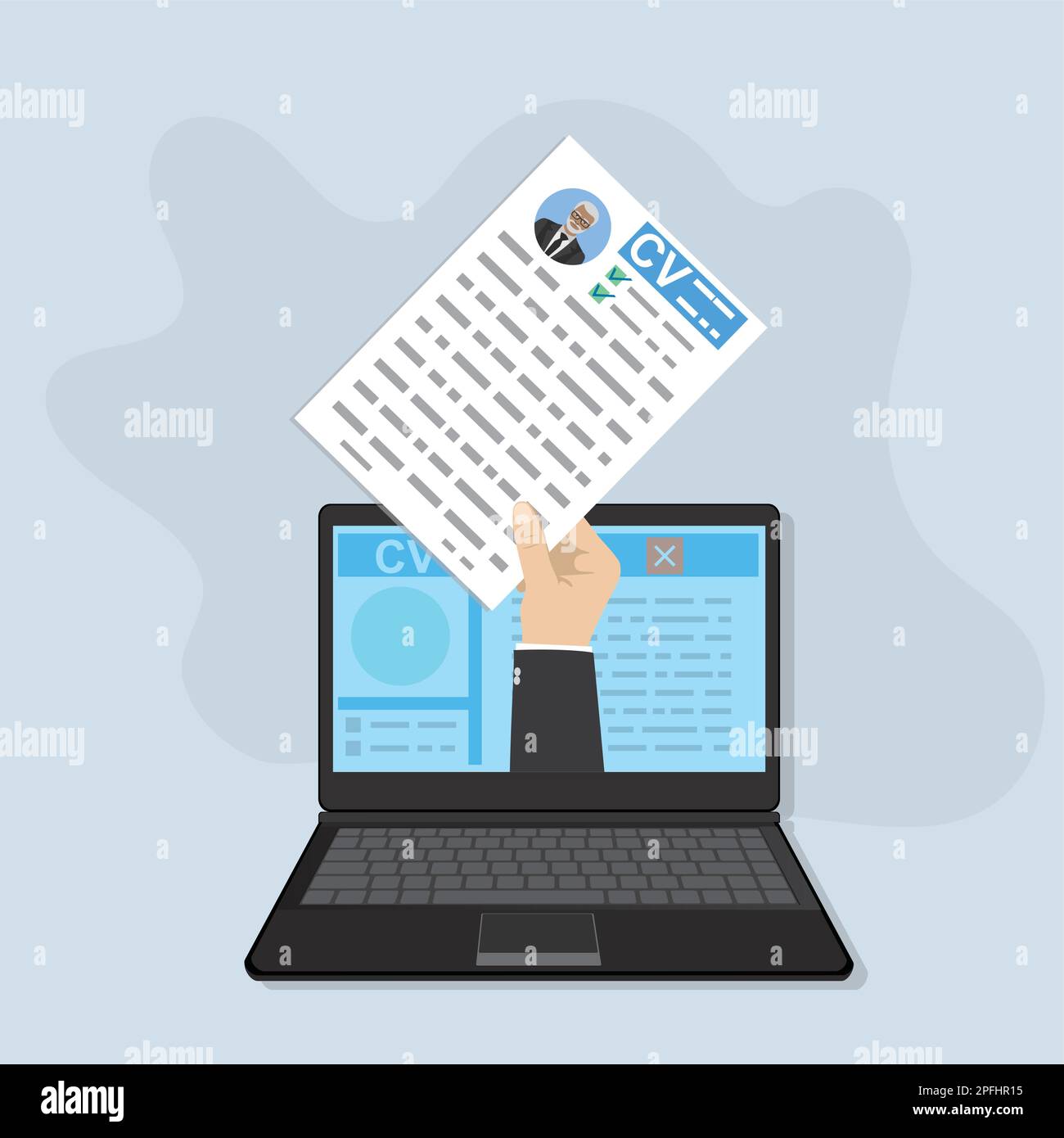 Modern laptop and hand holding paper cv resume. Online recruitment and