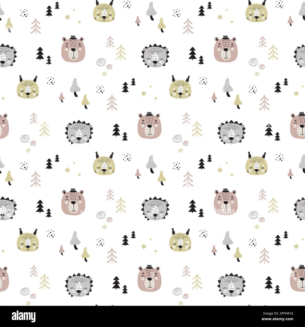 Seamless pattern with animal faces and trees. Doodle scandinavian style texture background with hedgehog,squirrel and bear. Vector children pattern il Stock Vector