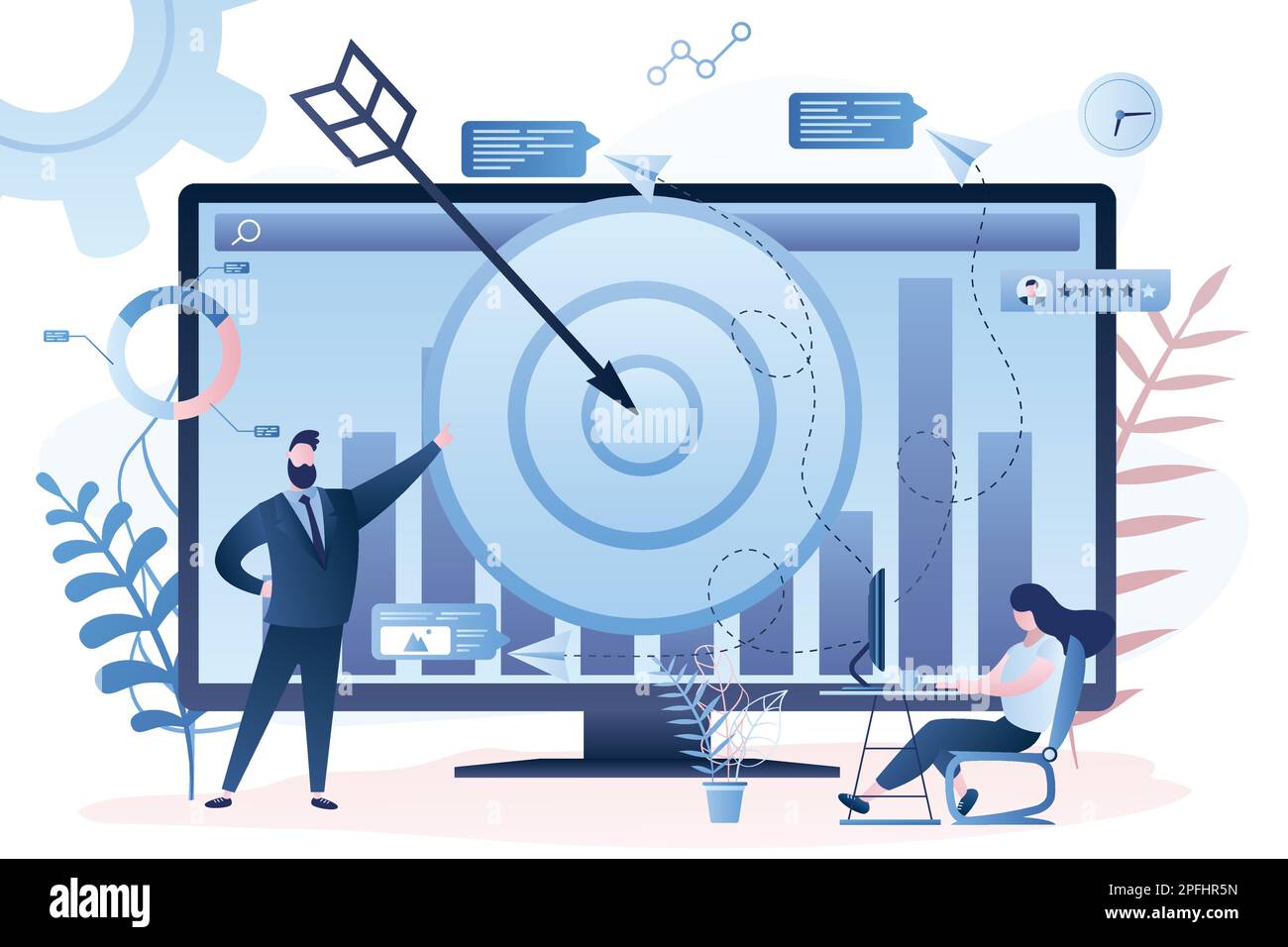 Male remarketing manager and female specialist put targeted ads