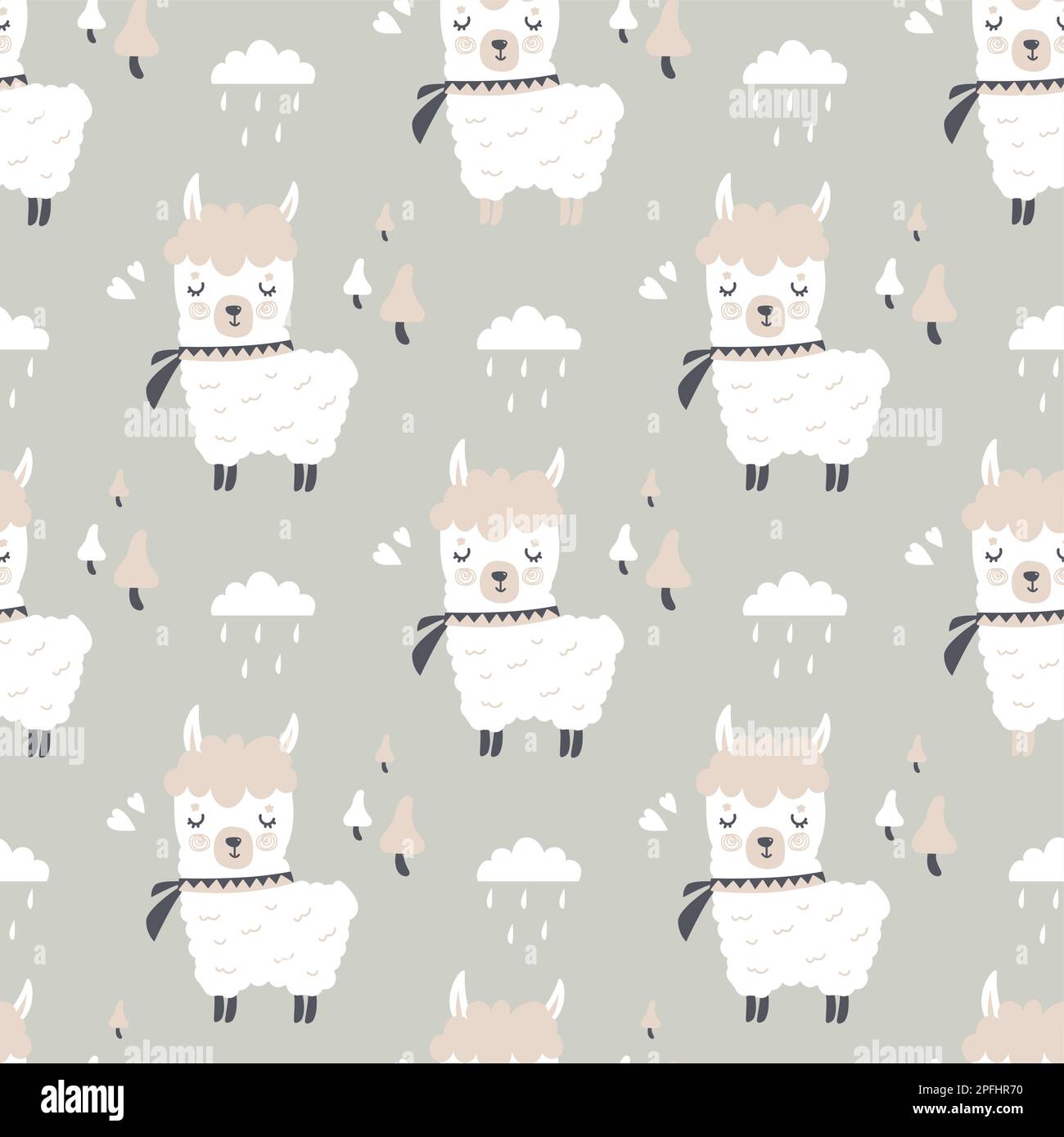 Seamless pattern with cute doodle llamas. Texture background in scandinavian style. Poster, childish print template. Vector illustration Stock Vector