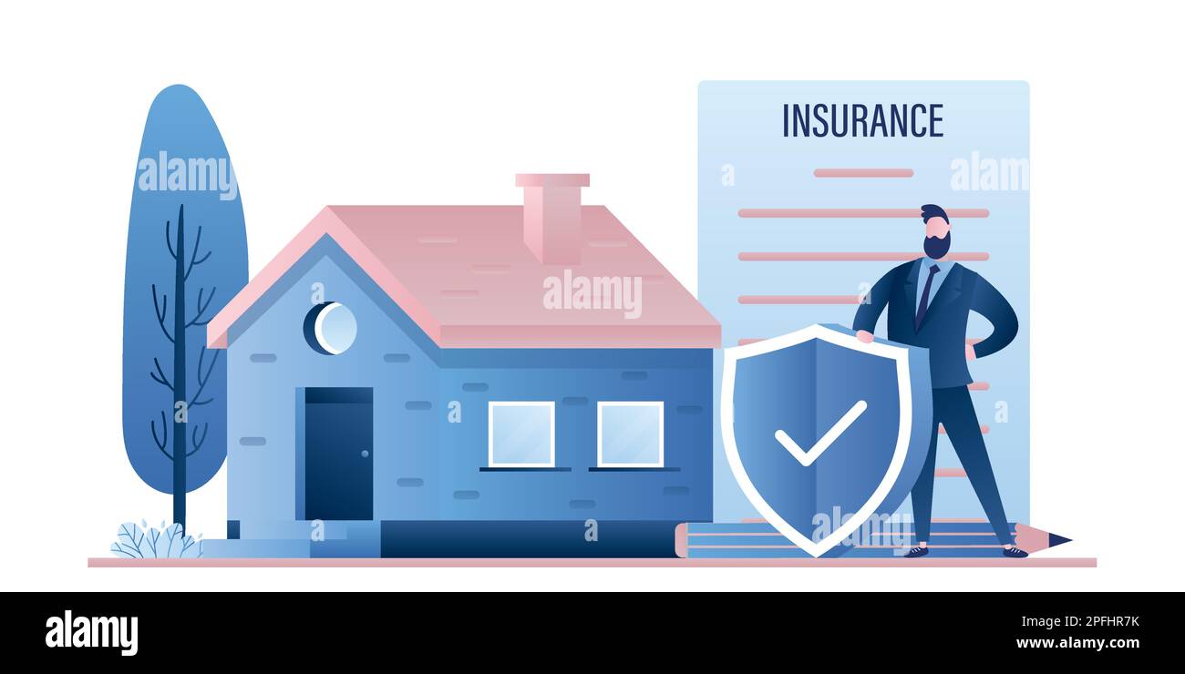 Cottage or single house and man with insurance paper contract and safe