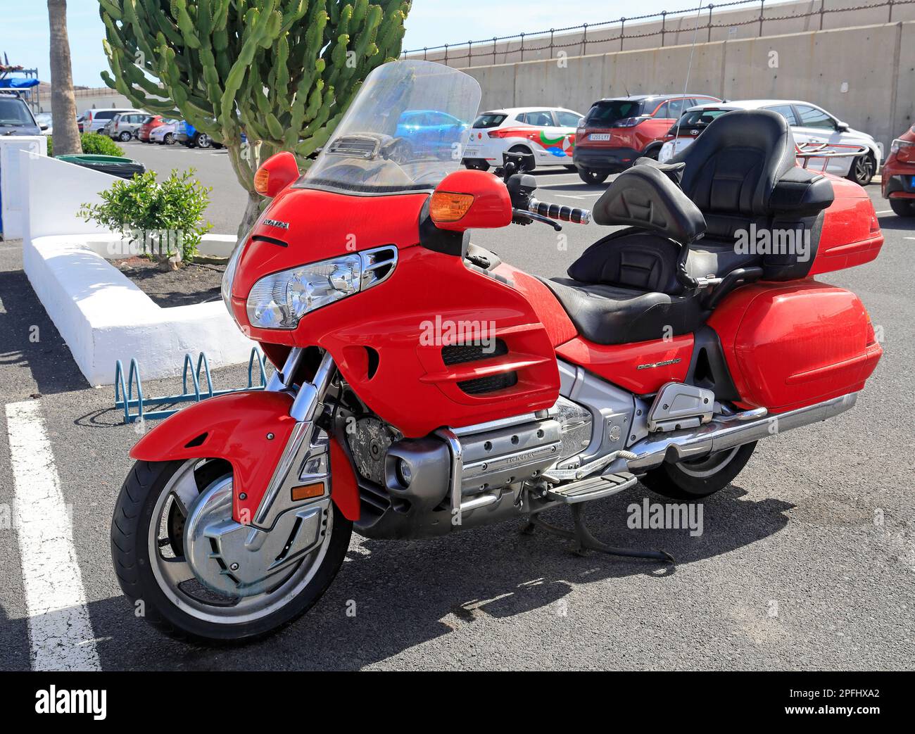Beautifully kept Red Honda Goldwing two-seater motor bike. Taken February -March 2023. Stock Photo