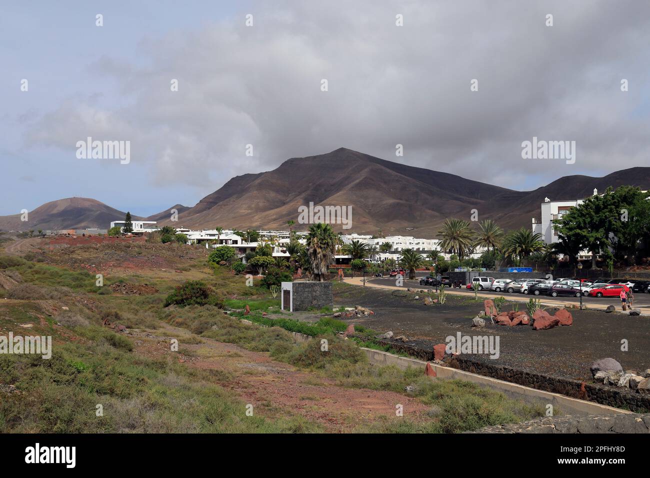 General veiw of Las Coloradas and Hacha Grande mountain and Femes Mountain Range, Lanzarote scene, 2023. Stock Photo