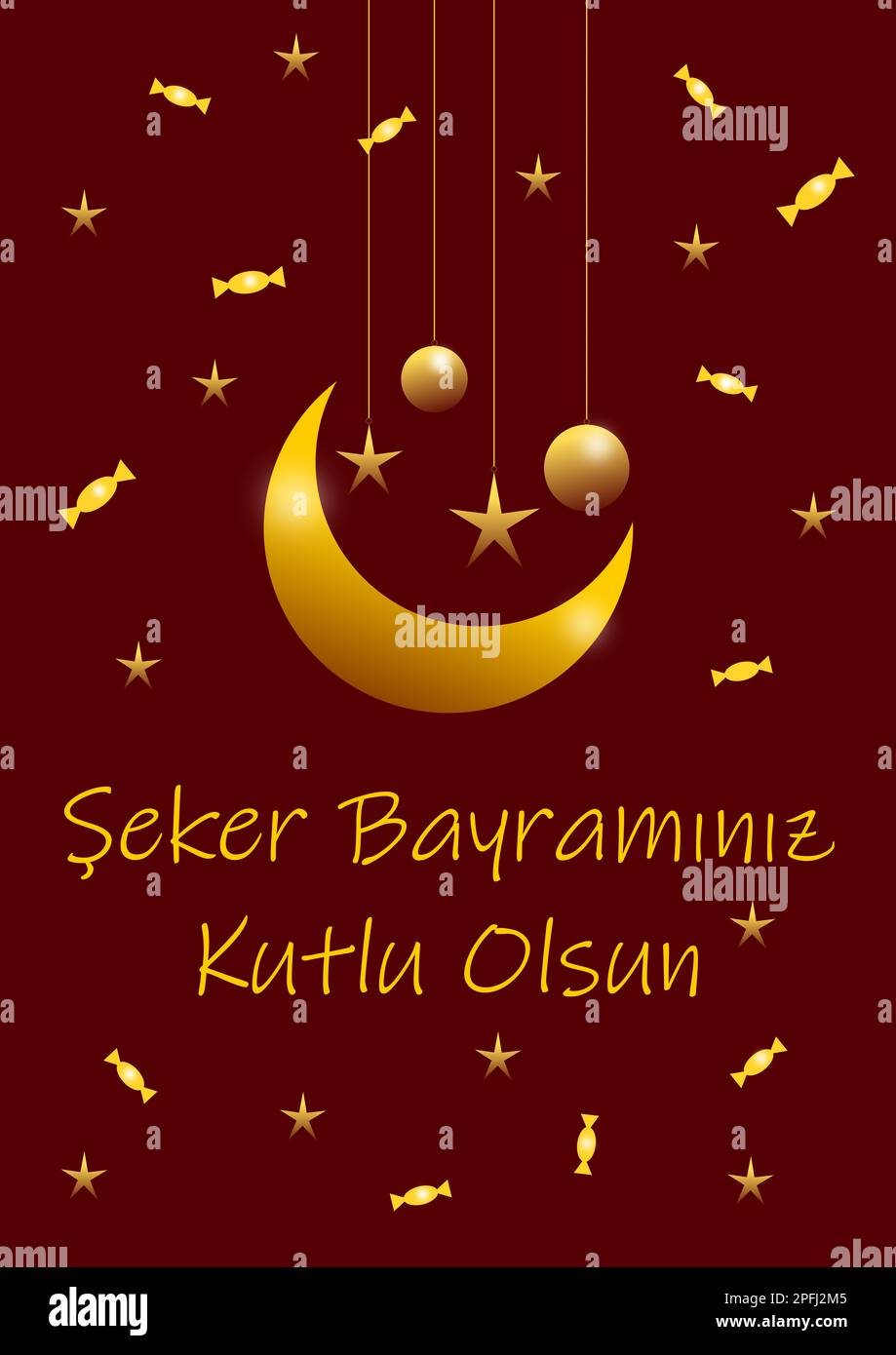 Candy feast banner design in Turkish. Golden stars, balls and, moon on red background. Stock Photo