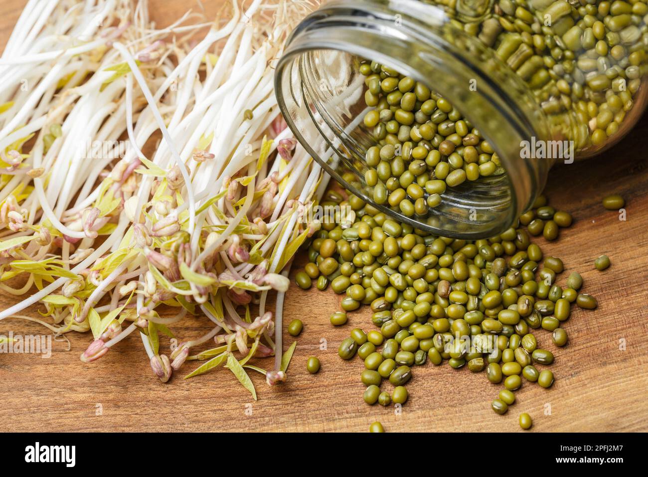 Sprouted mung beans and green mung beans in a glass jar on a wooden