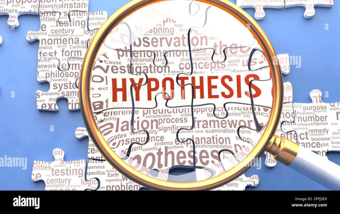 Hypothesis being closely examined along with multiple vital concepts and ideas directly related to Hypothesis. Many parts of a puzzle forming one, con Stock Photo