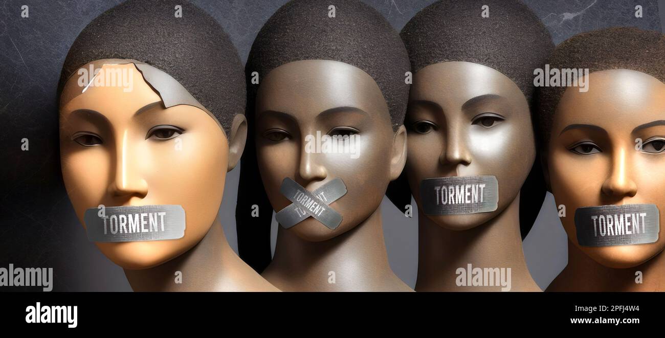 Torment - Censored and Silenced Women of Color. Standing United with Their Lips Taped in a Powerful Display of Protest Against the Suppression of Wome Stock Photo