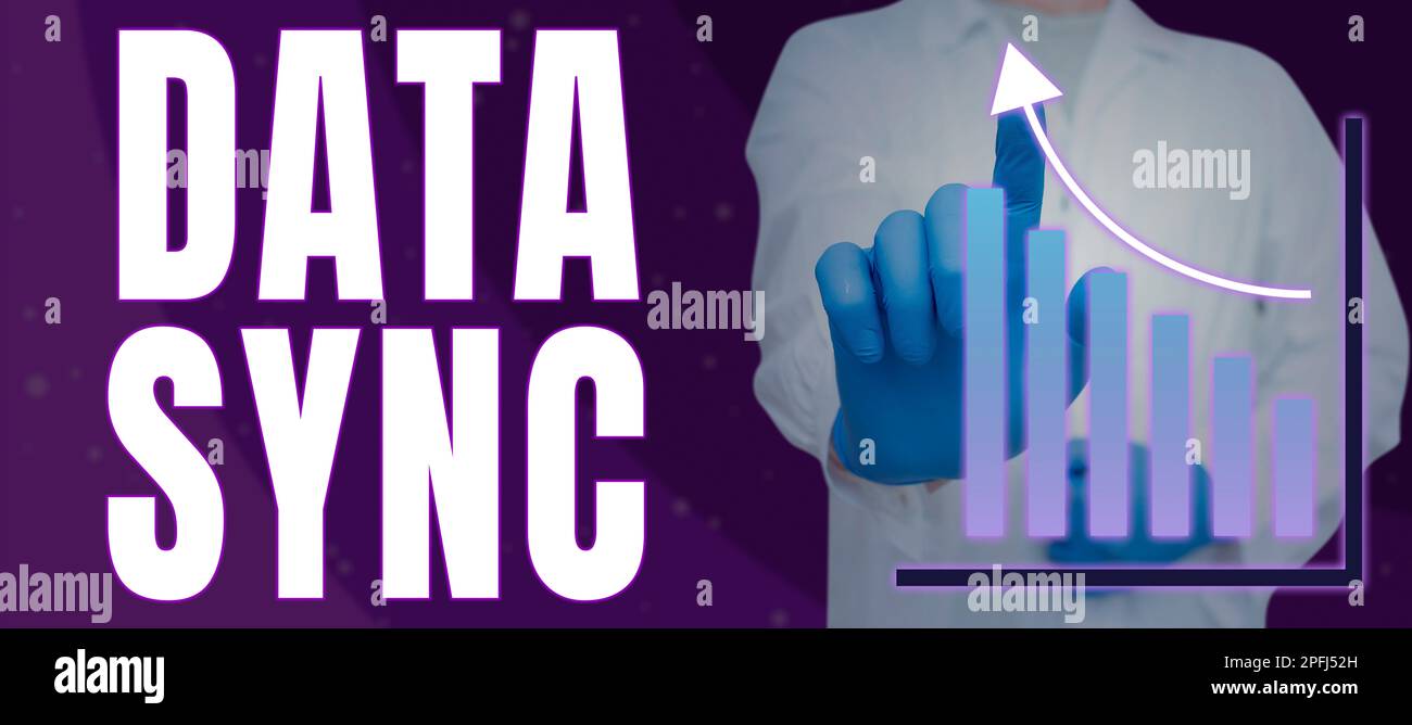 Writing displaying text Data Sync. Word Written on data that is continuously generated by different sources Stock Photo