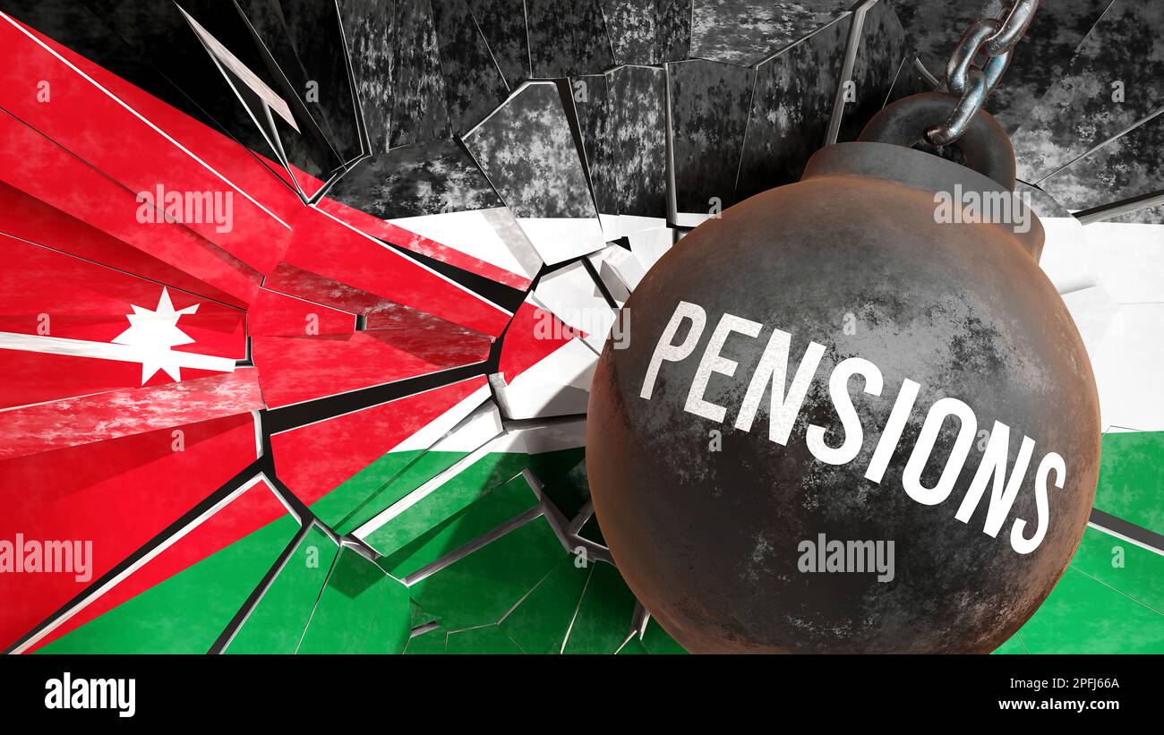 Pensions and Jordan, destroying economy and ruining the nation. Pensions wrecking the country and causing  general decline in living standards.,3d ill Stock Photo