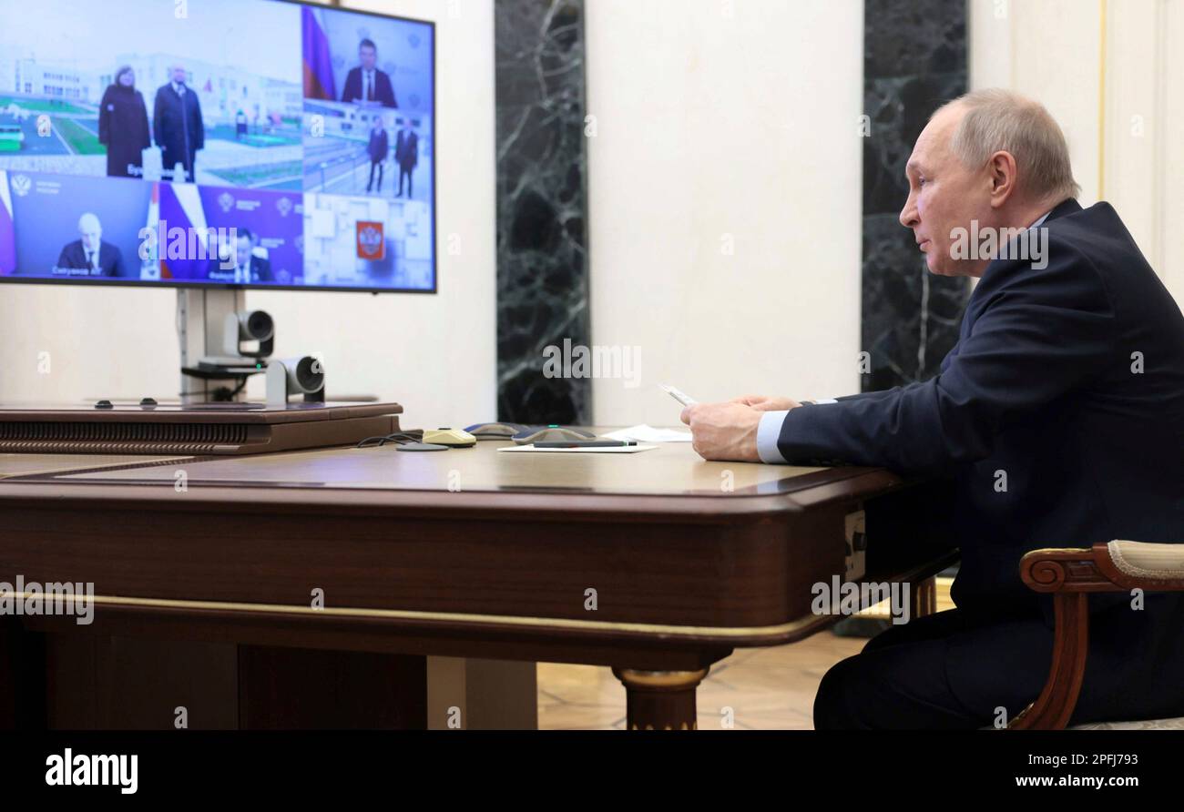Moscow, Russia. 17th Mar, 2023. Russian President Vladimir Putin holds a virtual meeting with the leaders of occupied Crimea and Sevastopol to discuss the economy from the Kremlin, March 17, 2023 in Moscow, Russia. Credit: Sergei Ilyin/Kremlin Pool/Alamy Live News Stock Photo