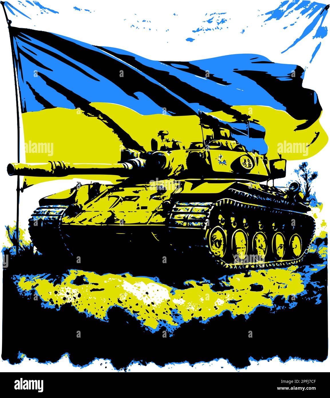 Tank on the background of the Ukrainian flag. Stock Vector