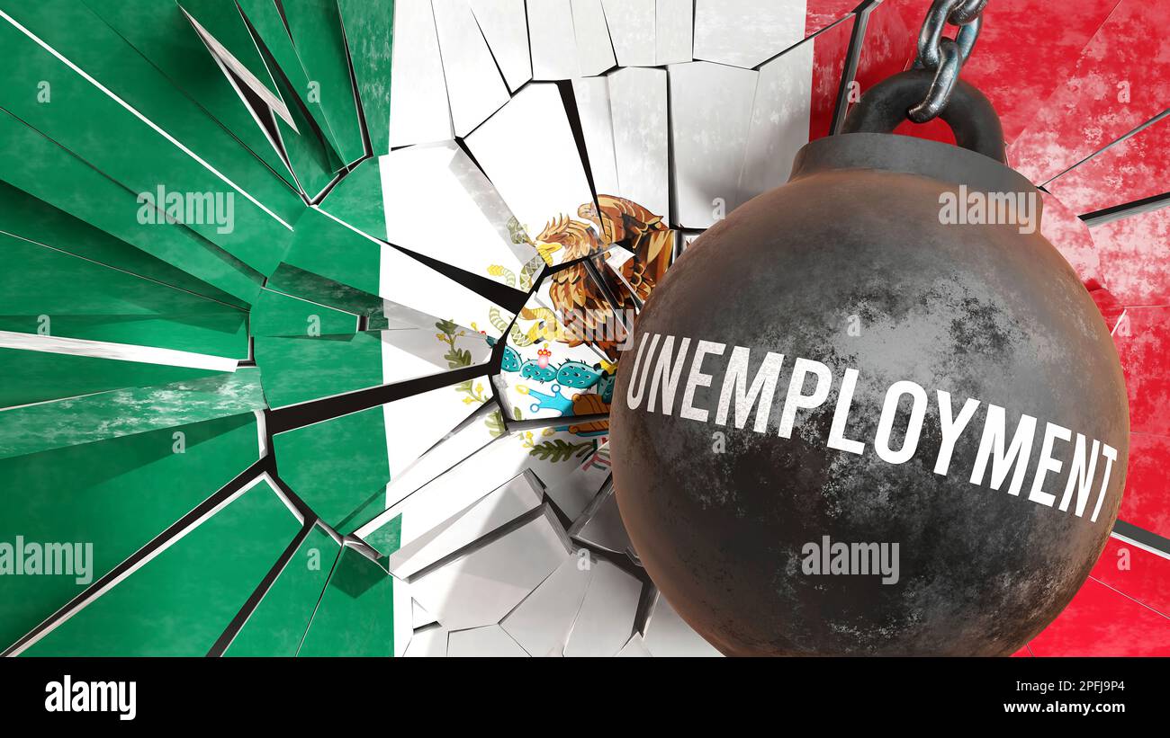 Mexico and Unemployment that destroys the country and wrecks the economy. Unemployment as a force causing possible future decline of the nation,3d ill Stock Photo