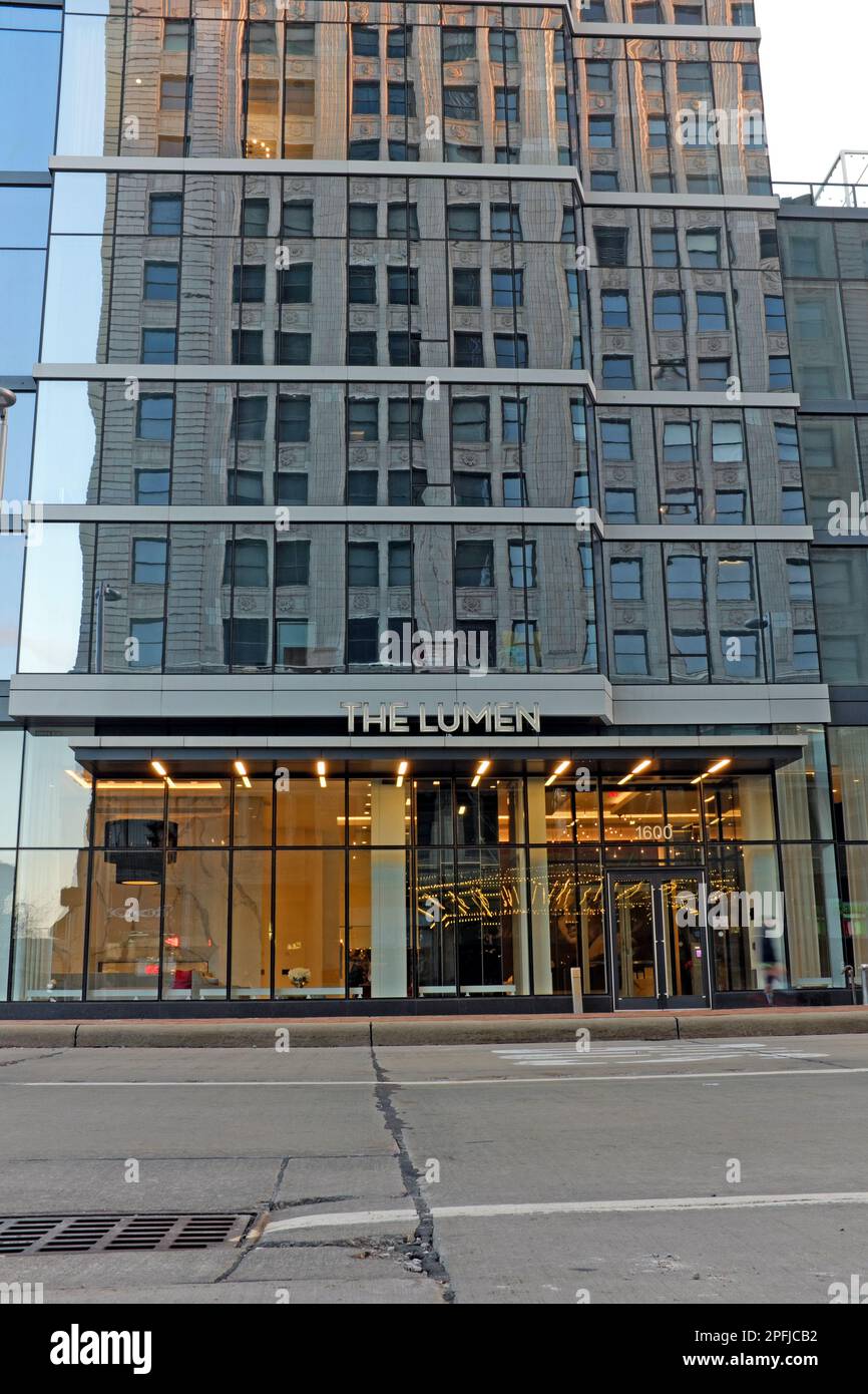The 34-story Lumen is a 318-unit residential building, opened in 2020, in Playhouse Square, Cleveland, Ohio, USA. Stock Photo