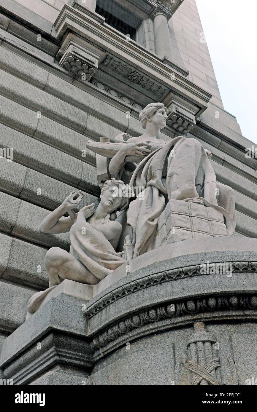 Daniel Chester French unveiled his publicly commissioned sculpture, Commerce, in 1908, where it still stands outside the US courthouse in Cleveland OH Stock Photo