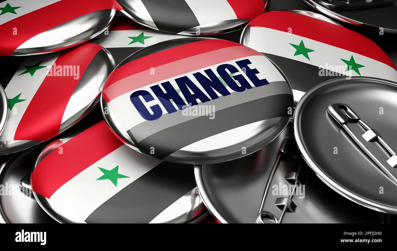 Change in Syrian Arab Republic - colorful handmade electoral campaign buttons for promotion of change in Syrian Arab Republic.,3d illustration Stock Photo