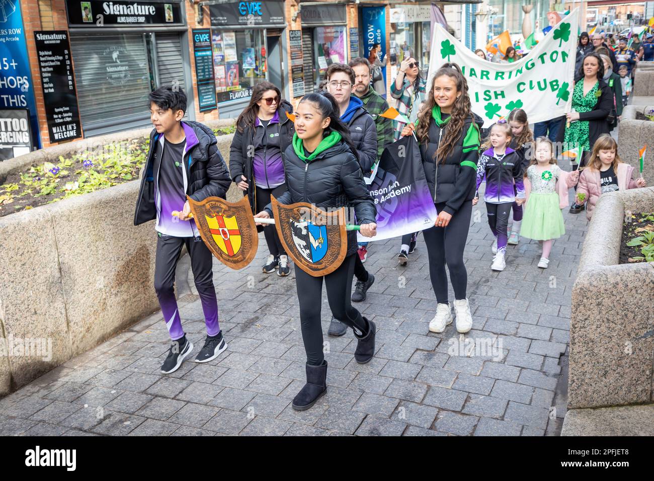 2023 St Patrick’s Day Parade in Warrington. Irish Dancers join the procession Stock Photo