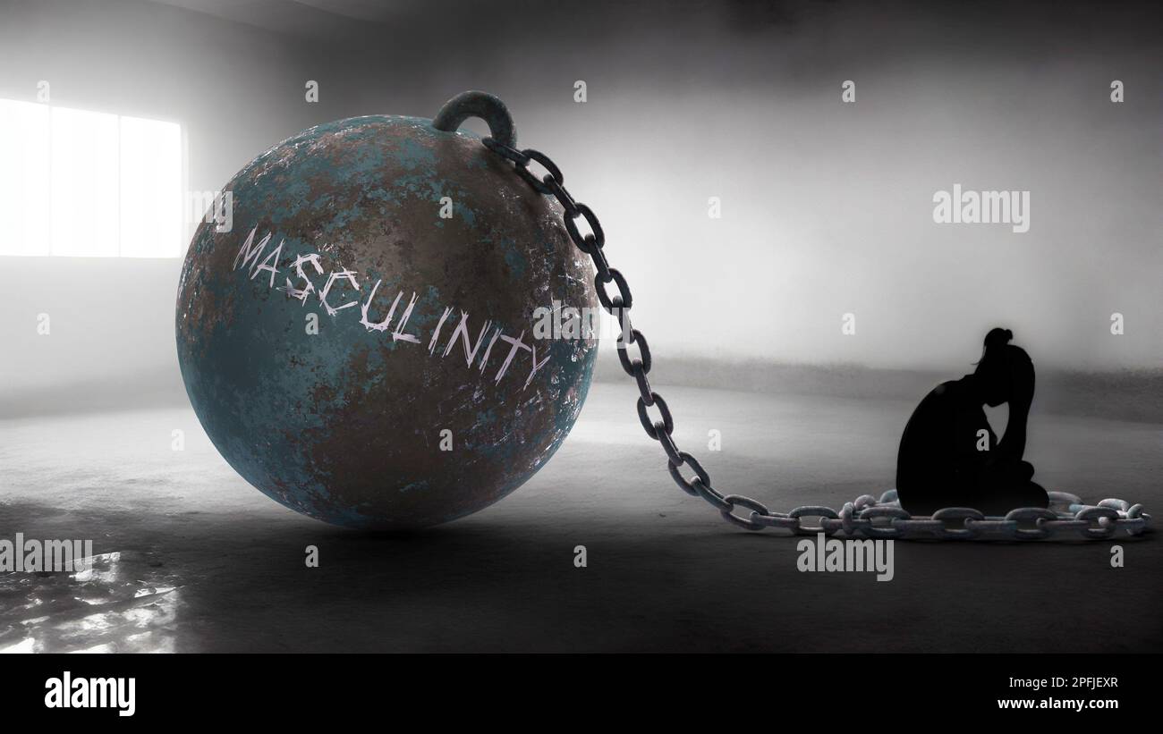 Masculinity against a woman. Trapped in a hate prison, chained to a burden of Masculinity. Alone in pain and suffering.,3d illustration Stock Photo