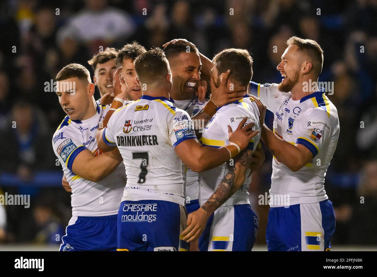 Paul Vaughan #10 of Warrington Wolves celebrates his try during the Betfred Super League Round 5 match Warrington Wolves vs Leigh Leopards at Halliwell Jones Stadium, Warrington, United Kingdom, 17th March 2023 (Photo by Craig Thomas/News Images) Credit: News Images LTD/Alamy Live News Stock Photo
