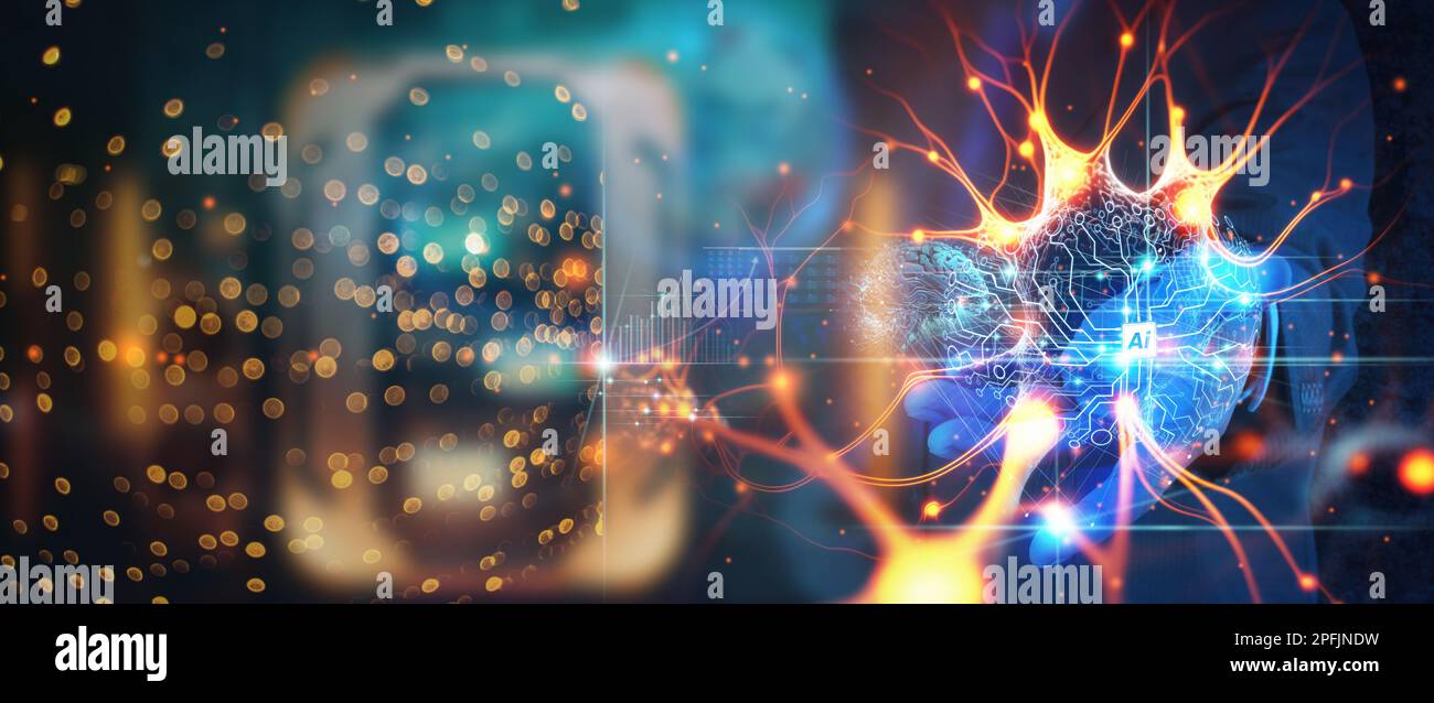 Data science. AI Technology. Businessman touch brain working data and Algorithm of Artificial Intelligence in the future business and coding software Stock Photo