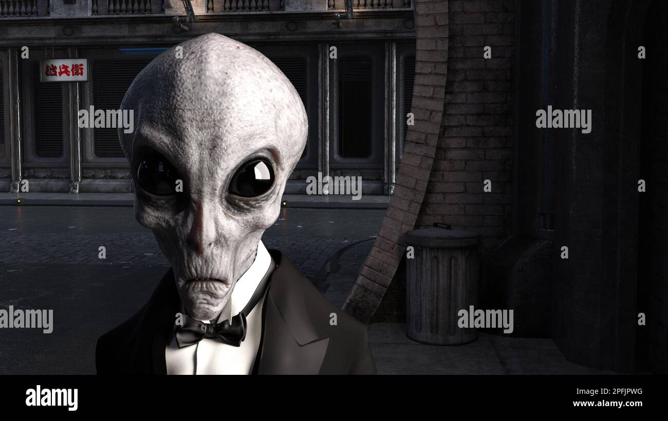 3d illustration of the head and shoulders of a gray alien wearing a tuxedo on a dark littered street. Stock Photo