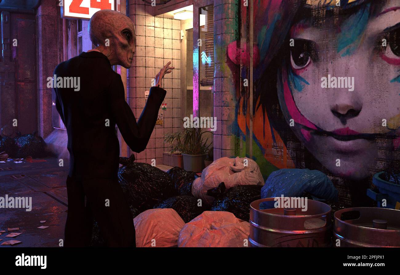 3d illustration of a gray alien with a hand up looking at graffiti on a ...