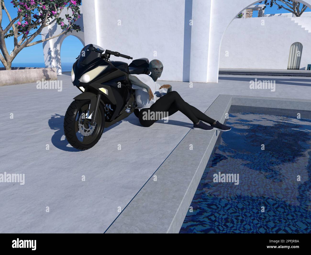 3d Illustration of an alien leaning on a motorcycle next to a pool in a relaxed position at a resort. Stock Photo