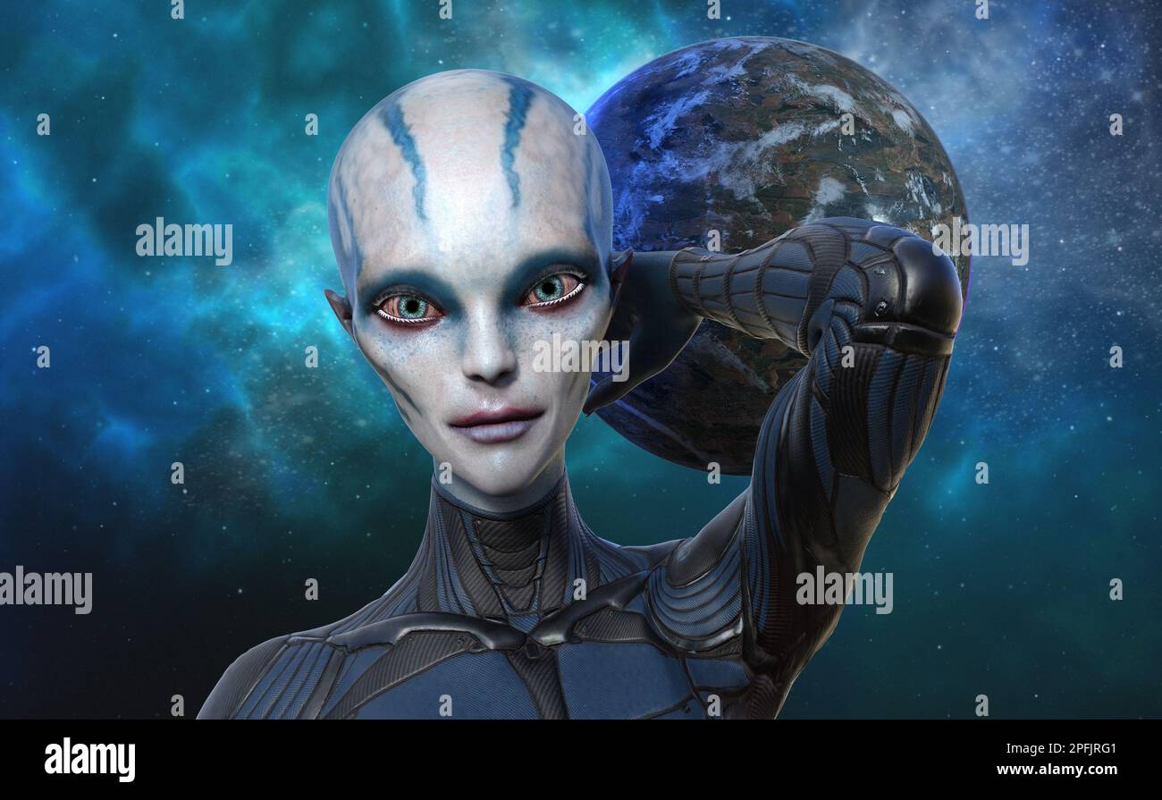 3d Illustration Of A Bald Female Alien With Blue And White Skin Standing In The Foreground With