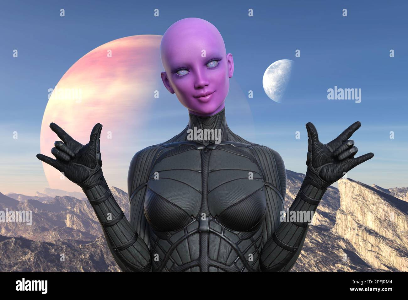 3d illustration of a pink skinned bald female alien with opaque eyes in front of a rising planet and moon. Stock Photo