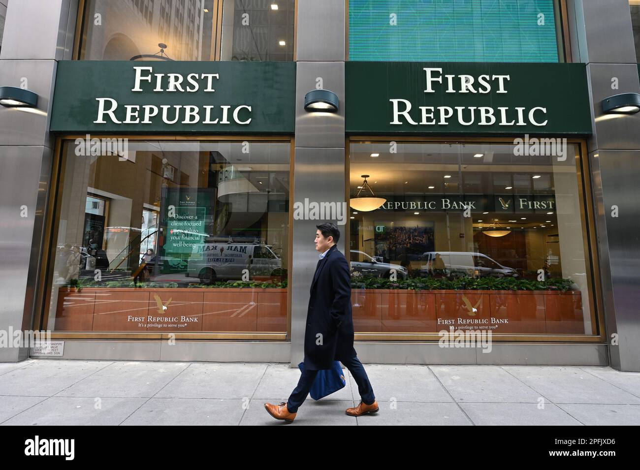 New York, USA. 17th Mar, 2023. A pedestrian walks past a First Republic